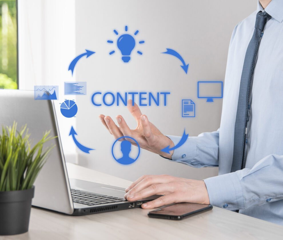 Content marketing cycle - creating, publishing, distributing content for a targeted audience online and analysis.